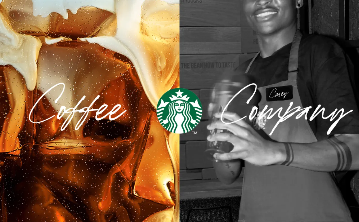 A split screen image of coffee and milk next to a barista shaking the coffee