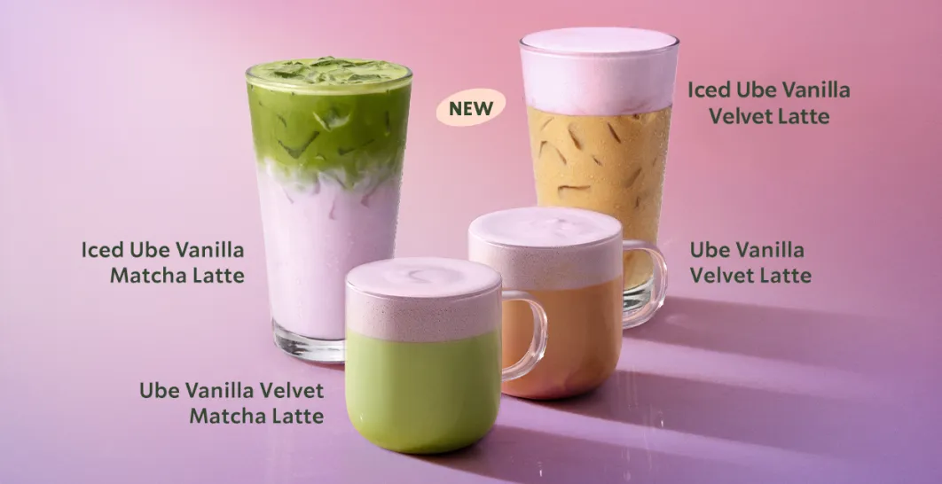 Ube Vanilla beverage collection, featuring Iced Ube Vanilla Matcha Latte, Ube Vanilla Matcha Latte, Ube Vanilla Velvet Latte, and Iced Ube Vanilla Velvet Latte
